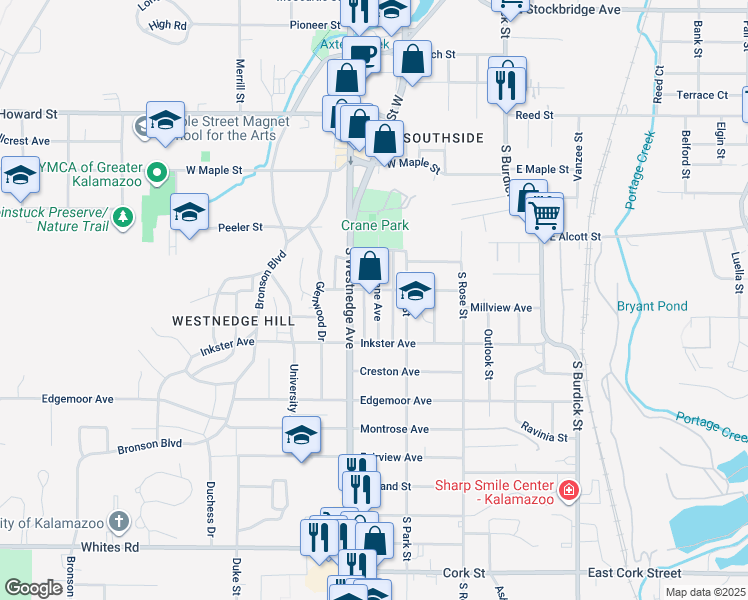 map of restaurants, bars, coffee shops, grocery stores, and more near 457 Parkwood Avenue in Kalamazoo