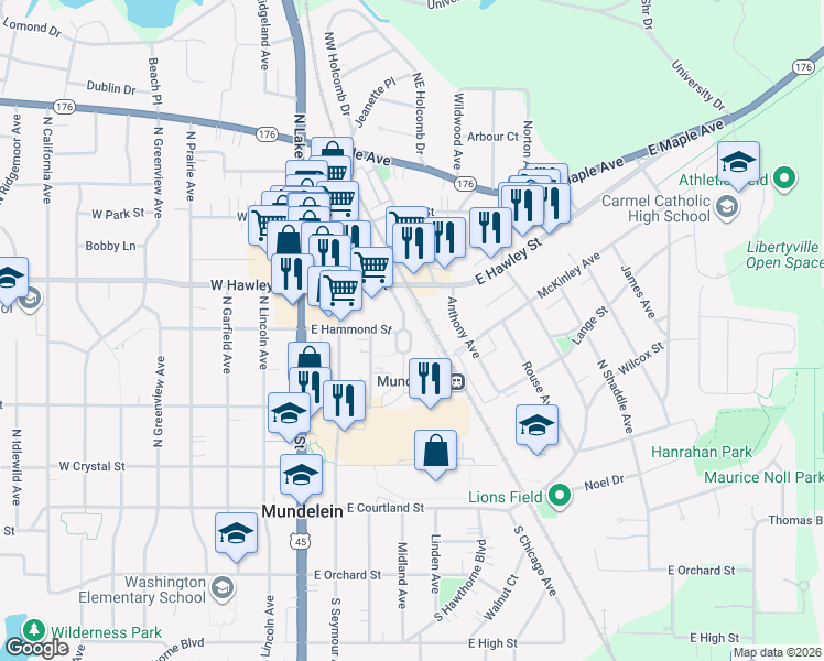 map of restaurants, bars, coffee shops, grocery stores, and more near 300 Anthony Avenue in Mundelein