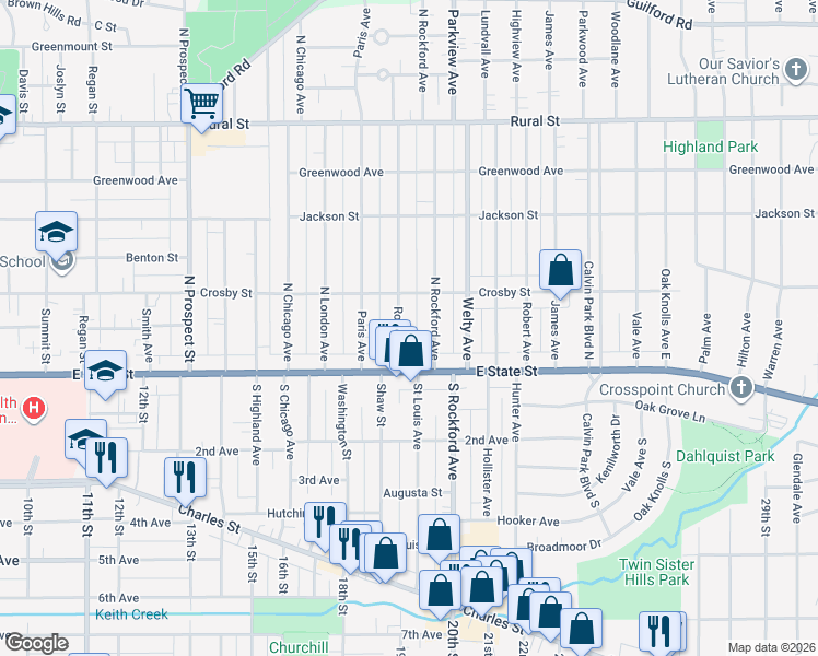 map of restaurants, bars, coffee shops, grocery stores, and more near 207 Rome Avenue in Rockford