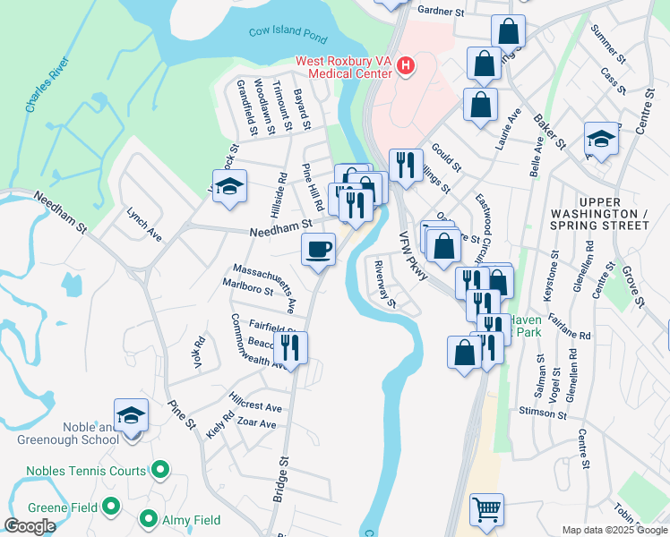 map of restaurants, bars, coffee shops, grocery stores, and more near 80 Bridge Street in Dedham