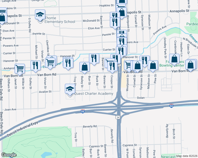 map of restaurants, bars, coffee shops, grocery stores, and more near 5857 Buck Street in Taylor