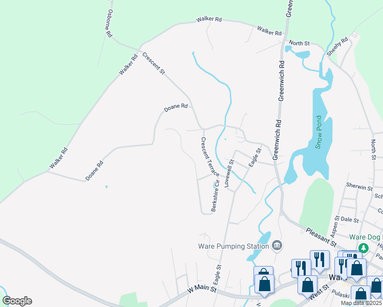 map of restaurants, bars, coffee shops, grocery stores, and more near 27 Berkshire Drive in Ware