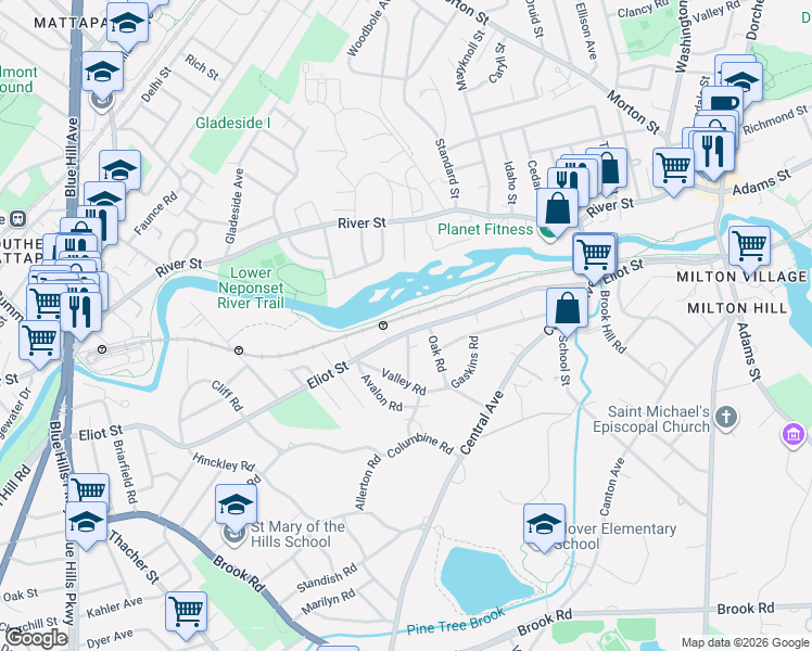 map of restaurants, bars, coffee shops, grocery stores, and more near 279 Eliot Street in Milton