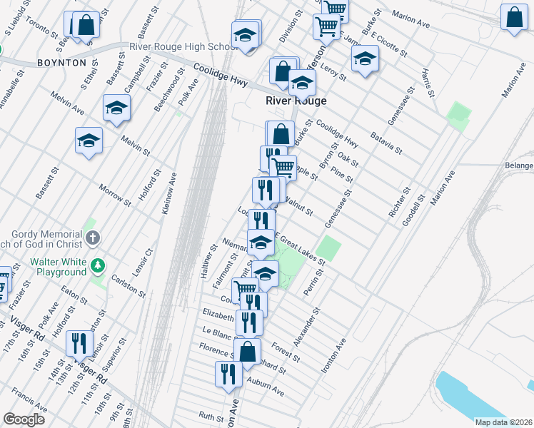 map of restaurants, bars, coffee shops, grocery stores, and more near 10940 West Jefferson Avenue in River Rouge