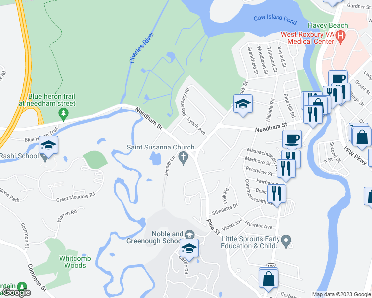 map of restaurants, bars, coffee shops, grocery stores, and more near 259 Needham Street in Dedham