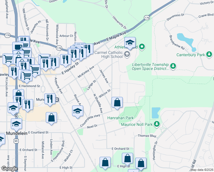 map of restaurants, bars, coffee shops, grocery stores, and more near 304 James Avenue in Mundelein
