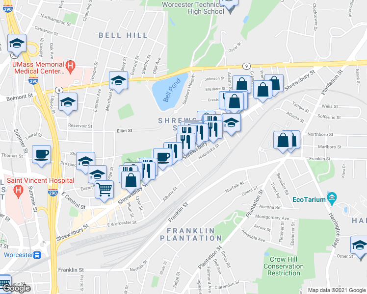 map of restaurants, bars, coffee shops, grocery stores, and more near 5 Seward Street in Worcester