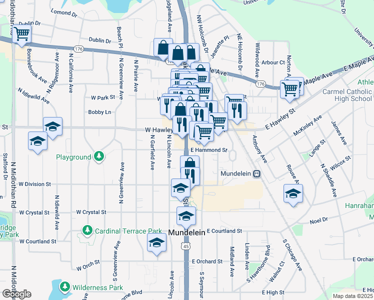 map of restaurants, bars, coffee shops, grocery stores, and more near North Lake Street in Mundelein