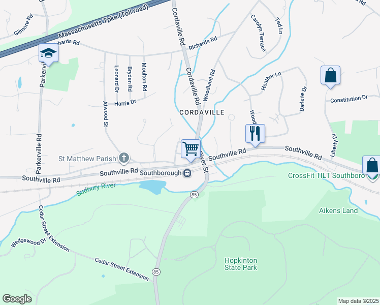map of restaurants, bars, coffee shops, grocery stores, and more near 275 Cordaville Road in Southborough