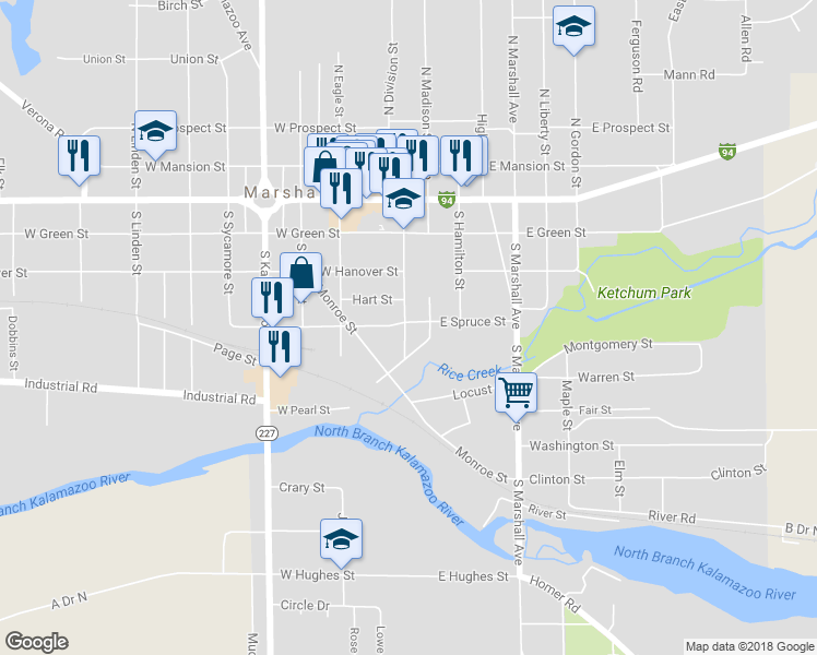 map of restaurants, bars, coffee shops, grocery stores, and more near 401 South Jefferson Street in Marshall