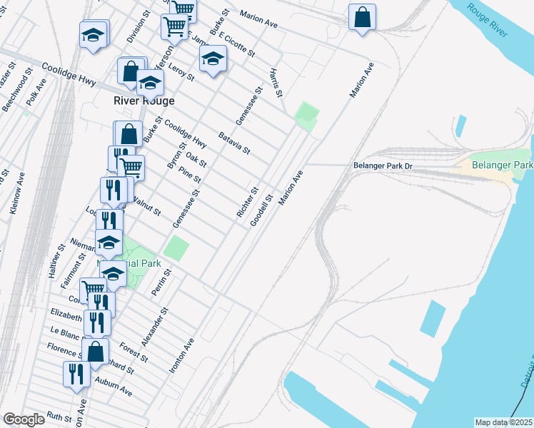 map of restaurants, bars, coffee shops, grocery stores, and more near 241 Goodell Street in River Rouge