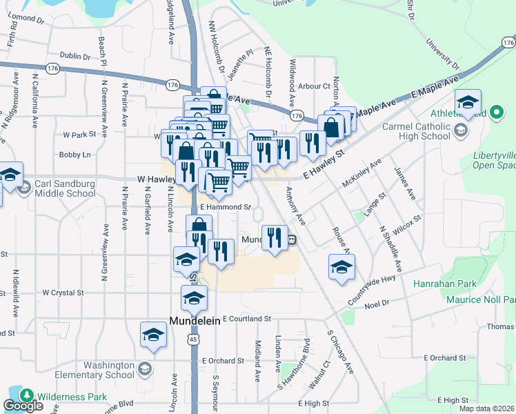 map of restaurants, bars, coffee shops, grocery stores, and more near 301 Plaza Circle in Mundelein