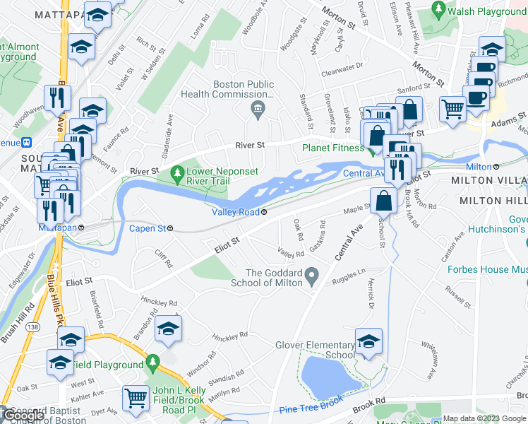 map of restaurants, bars, coffee shops, grocery stores, and more near 291 Valley Road in Milton