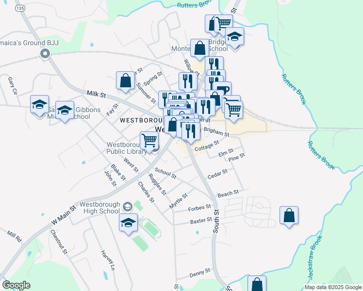 map of restaurants, bars, coffee shops, grocery stores, and more near 31 South Street in Westborough