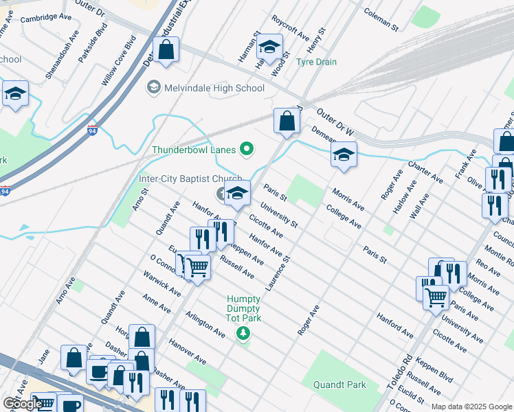 map of restaurants, bars, coffee shops, grocery stores, and more near 15275 University Street in Allen Park
