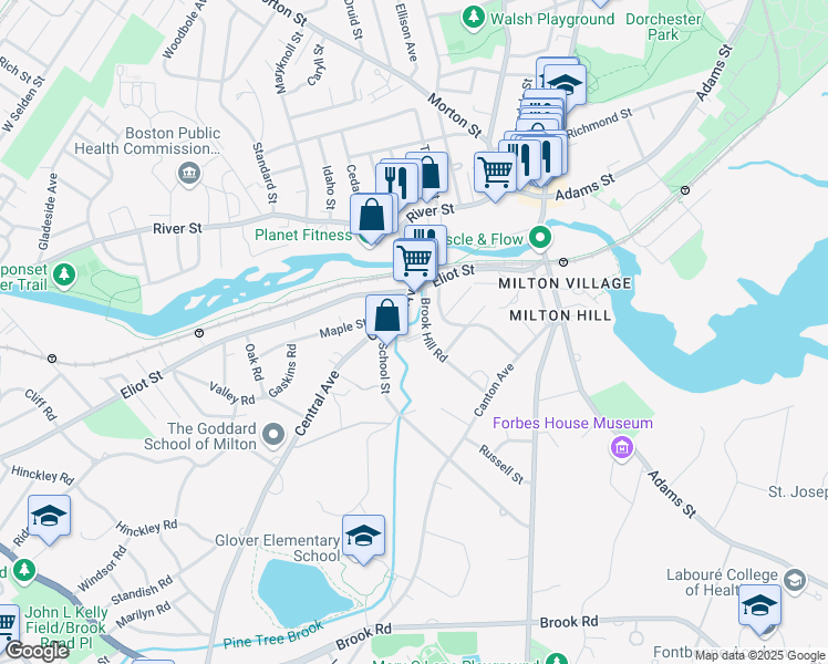 map of restaurants, bars, coffee shops, grocery stores, and more near 7 Brookside Park in Milton