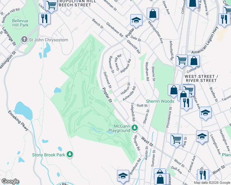 map of restaurants, bars, coffee shops, grocery stores, and more near 5 Grassmere Road in Boston