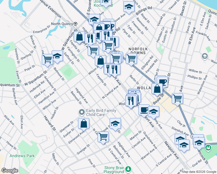 map of restaurants, bars, coffee shops, grocery stores, and more near 194 Fayette Street in Quincy