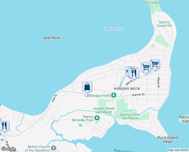 map of restaurants, bars, coffee shops, grocery stores, and more near 79 Babcock Street in Quincy