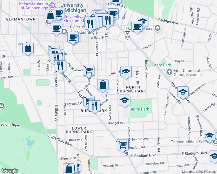 map of restaurants, bars, coffee shops, grocery stores, and more near 1113 South Forest Avenue in Ann Arbor