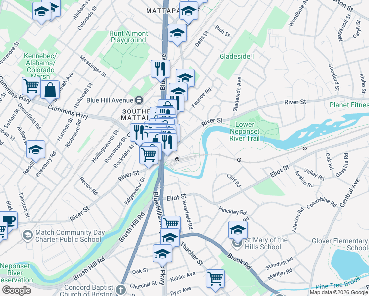 map of restaurants, bars, coffee shops, grocery stores, and more near 460 River Street in Boston