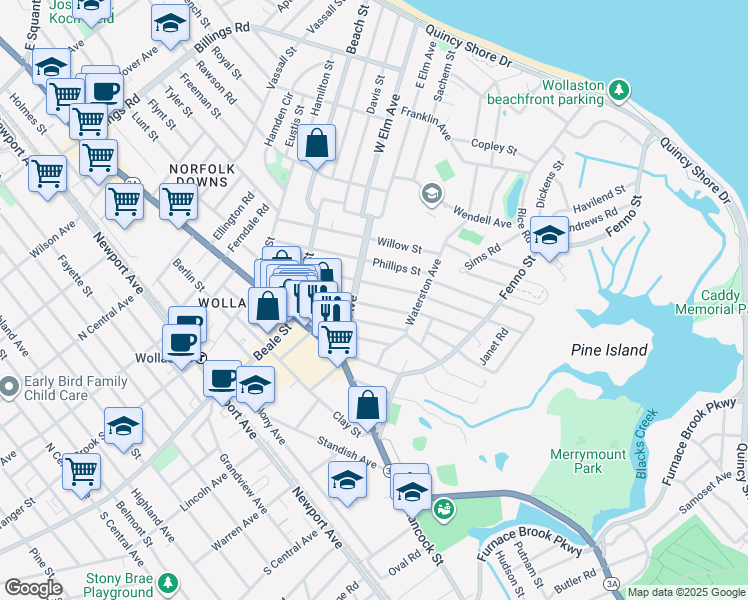 map of restaurants, bars, coffee shops, grocery stores, and more near 66 Kemper St in Quincy