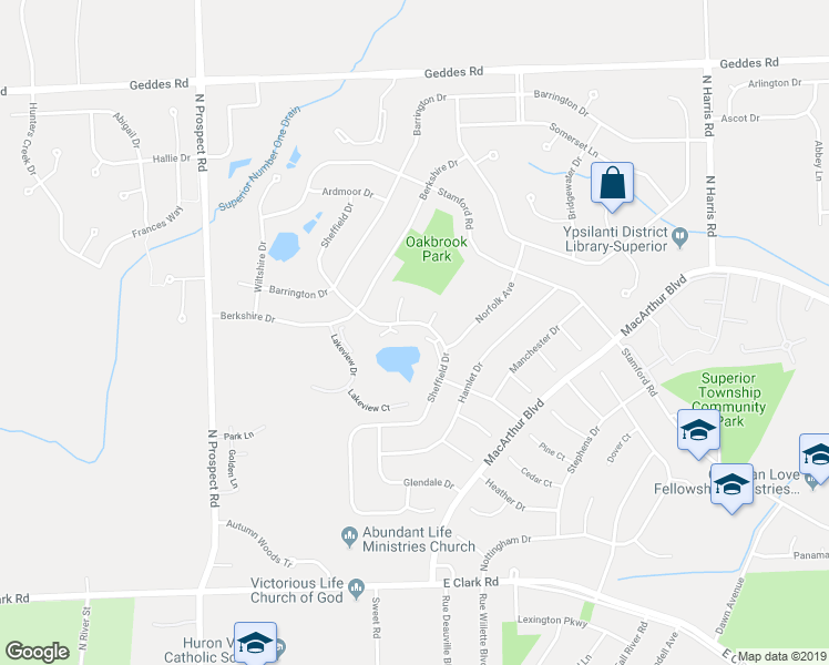 map of restaurants, bars, coffee shops, grocery stores, and more near 1827 Sheffield Drive in Ypsilanti