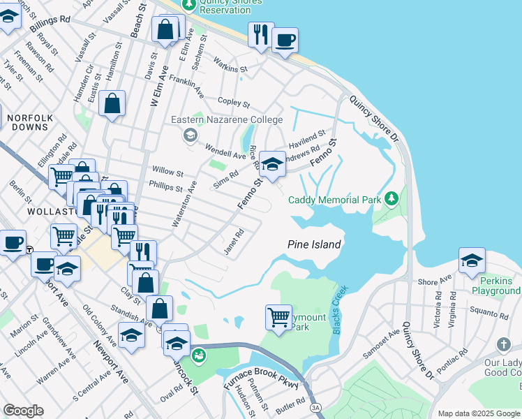 map of restaurants, bars, coffee shops, grocery stores, and more near 28 Langley Circle in Quincy