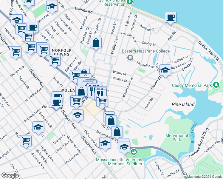 map of restaurants, bars, coffee shops, grocery stores, and more near 62 Kemper Street in Quincy