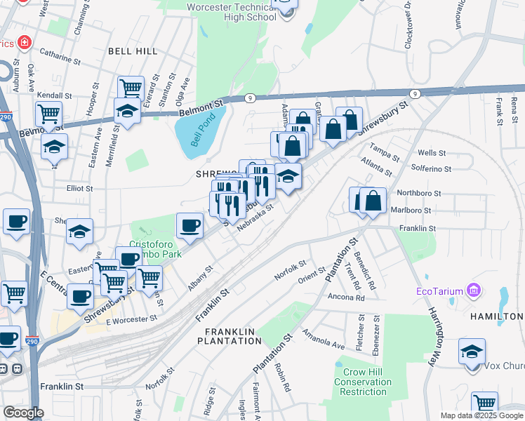 map of restaurants, bars, coffee shops, grocery stores, and more near 299 Shrewsbury Street in Worcester