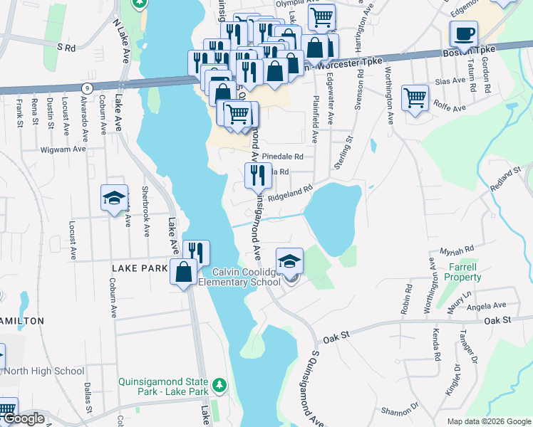 map of restaurants, bars, coffee shops, grocery stores, and more near 15 Roberts Street in Shrewsbury