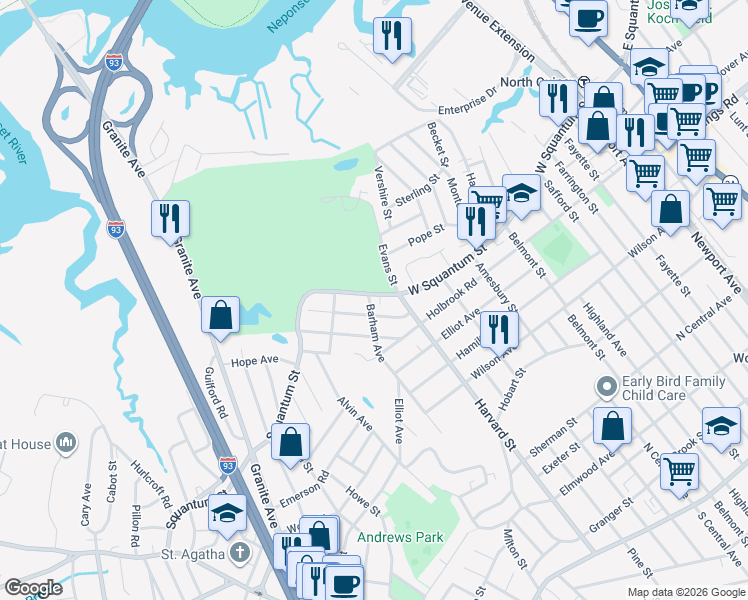 map of restaurants, bars, coffee shops, grocery stores, and more near 330 West Squantum Street in Quincy