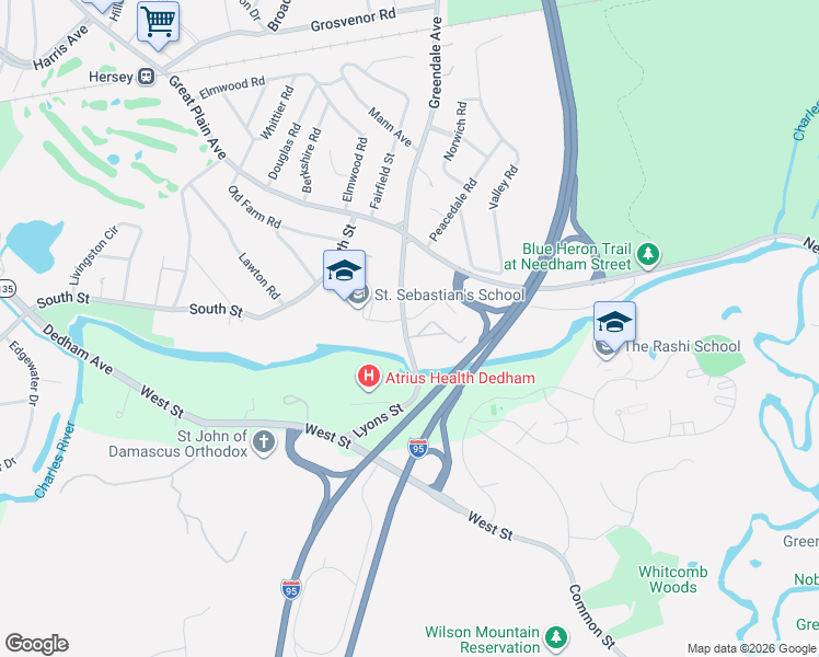 map of restaurants, bars, coffee shops, grocery stores, and more near 1202 Greendale Avenue in Needham