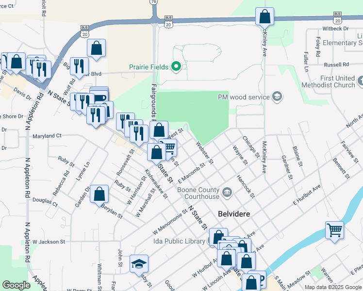map of restaurants, bars, coffee shops, grocery stores, and more near 1100 North Main Street in Belvidere