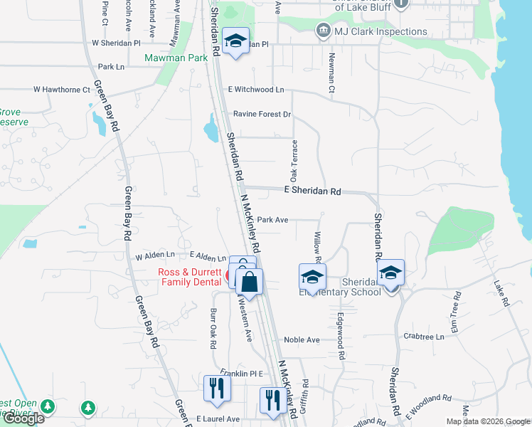 map of restaurants, bars, coffee shops, grocery stores, and more near 166 Park Avenue in Lake Forest
