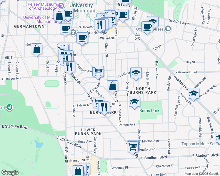 map of restaurants, bars, coffee shops, grocery stores, and more near 1127 Church Street in Ann Arbor