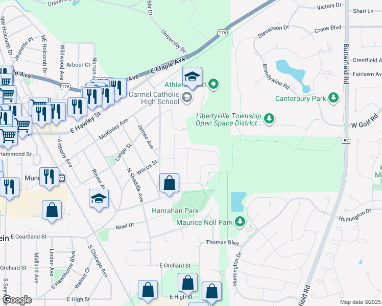 map of restaurants, bars, coffee shops, grocery stores, and more near 275 Pembrook Lane in Mundelein