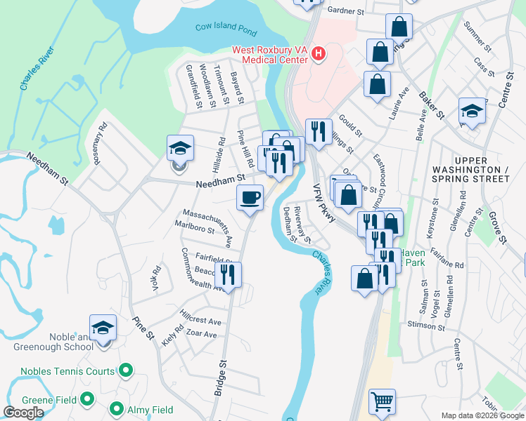 map of restaurants, bars, coffee shops, grocery stores, and more near 80 Bridge Street in Dedham
