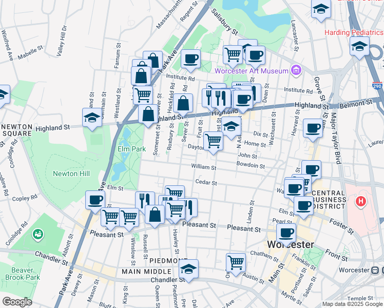 map of restaurants, bars, coffee shops, grocery stores, and more near 5 Marston Way in Worcester