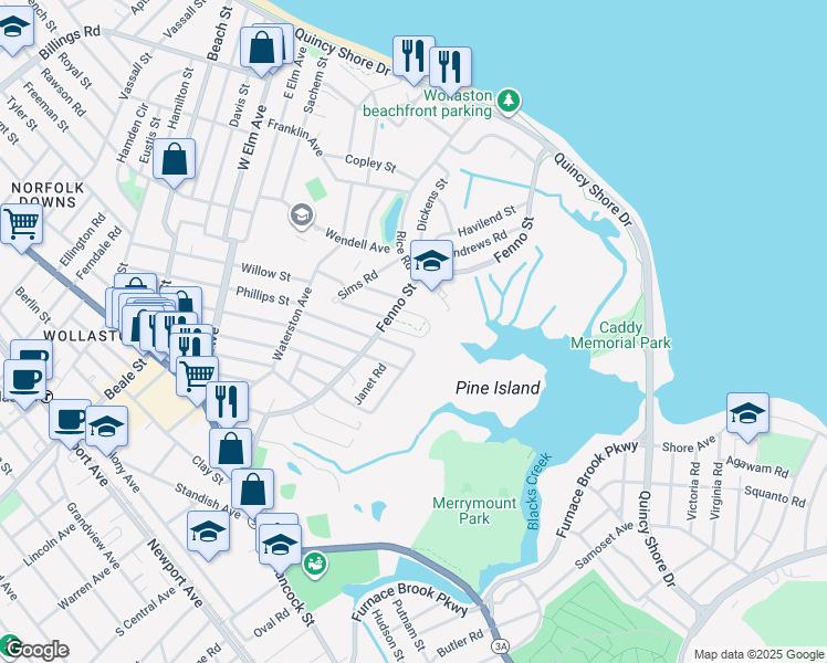 map of restaurants, bars, coffee shops, grocery stores, and more near 28 Langley Circle in Quincy