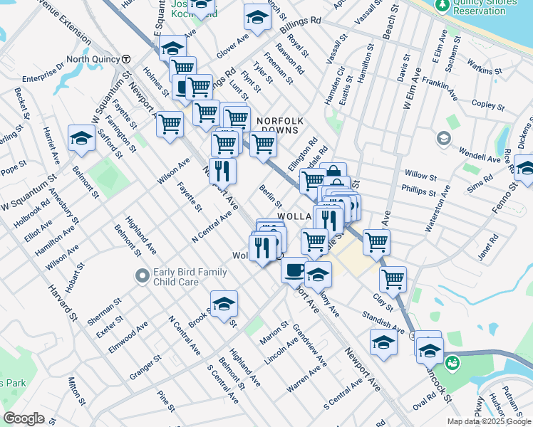 map of restaurants, bars, coffee shops, grocery stores, and more near 40 Berlin Street in Quincy