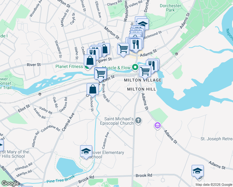map of restaurants, bars, coffee shops, grocery stores, and more near 45 Morton Road in Milton