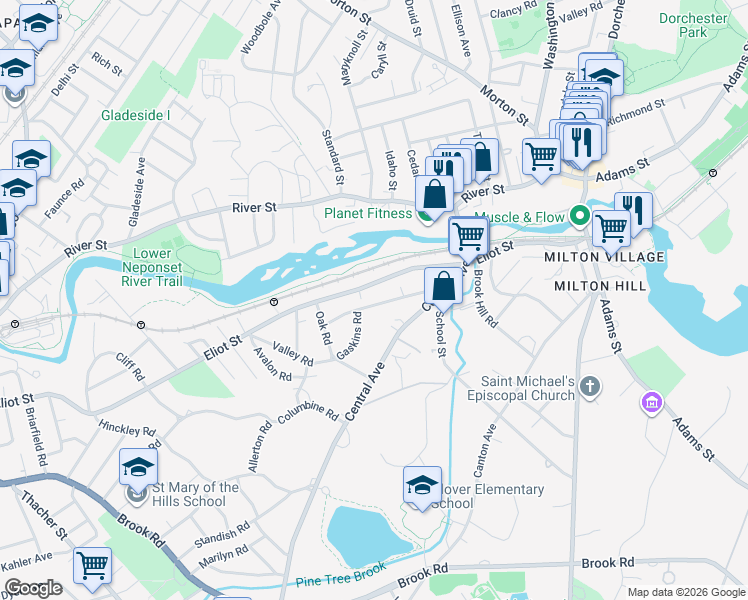 map of restaurants, bars, coffee shops, grocery stores, and more near 218 Eliot Street in Milton