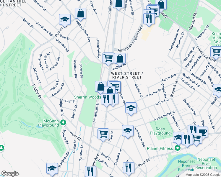 map of restaurants, bars, coffee shops, grocery stores, and more near 915 Hyde Park Avenue in Boston