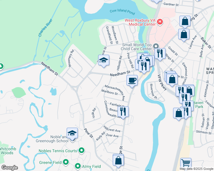 map of restaurants, bars, coffee shops, grocery stores, and more near 32 Lindale Avenue in Dedham