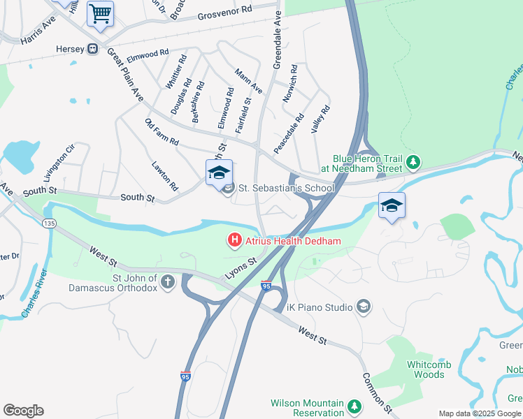 map of restaurants, bars, coffee shops, grocery stores, and more near 1202 Greendale Avenue in Needham