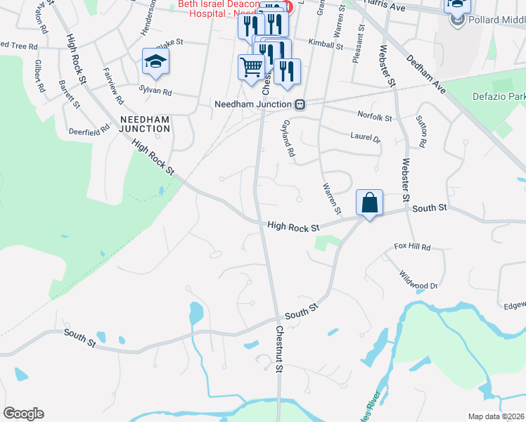 map of restaurants, bars, coffee shops, grocery stores, and more near 15 Fletcher Road in Needham