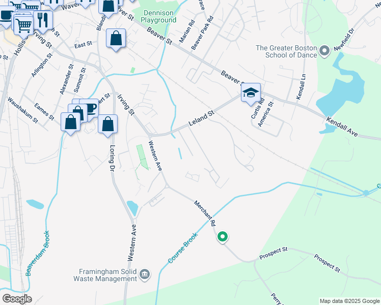 map of restaurants, bars, coffee shops, grocery stores, and more near 5 Weld Street in Framingham