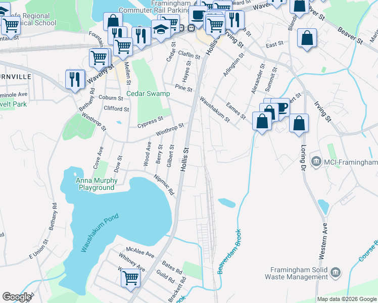 map of restaurants, bars, coffee shops, grocery stores, and more near 362 Hollis Street in Framingham