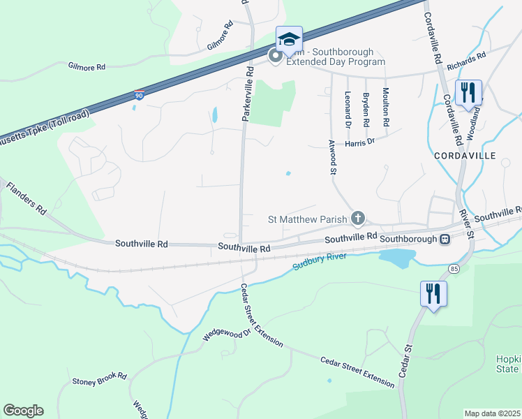 map of restaurants, bars, coffee shops, grocery stores, and more near 8 Pearl Street in Southborough